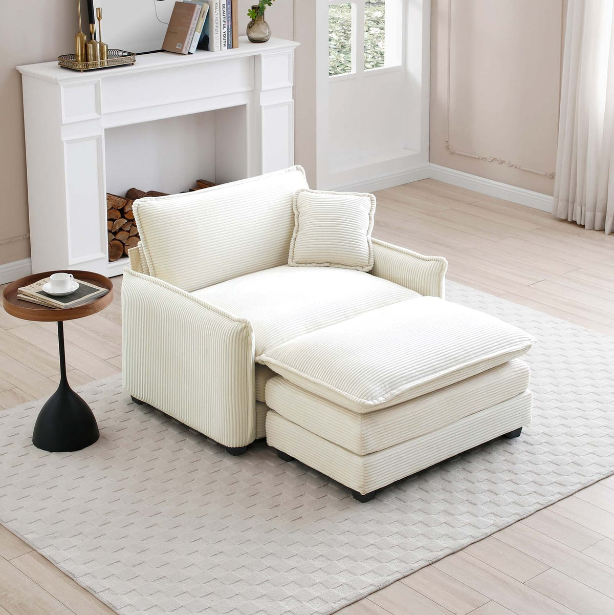 White Corduroy Single Sofa with Footstool - Bedroom or Living Room