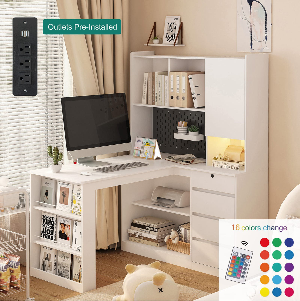 L-Shaped Desk with Charger - White Corner Office Desk