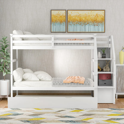 Twin-Over-Twin Bunk Bed with Trundle - White Solid Wood
