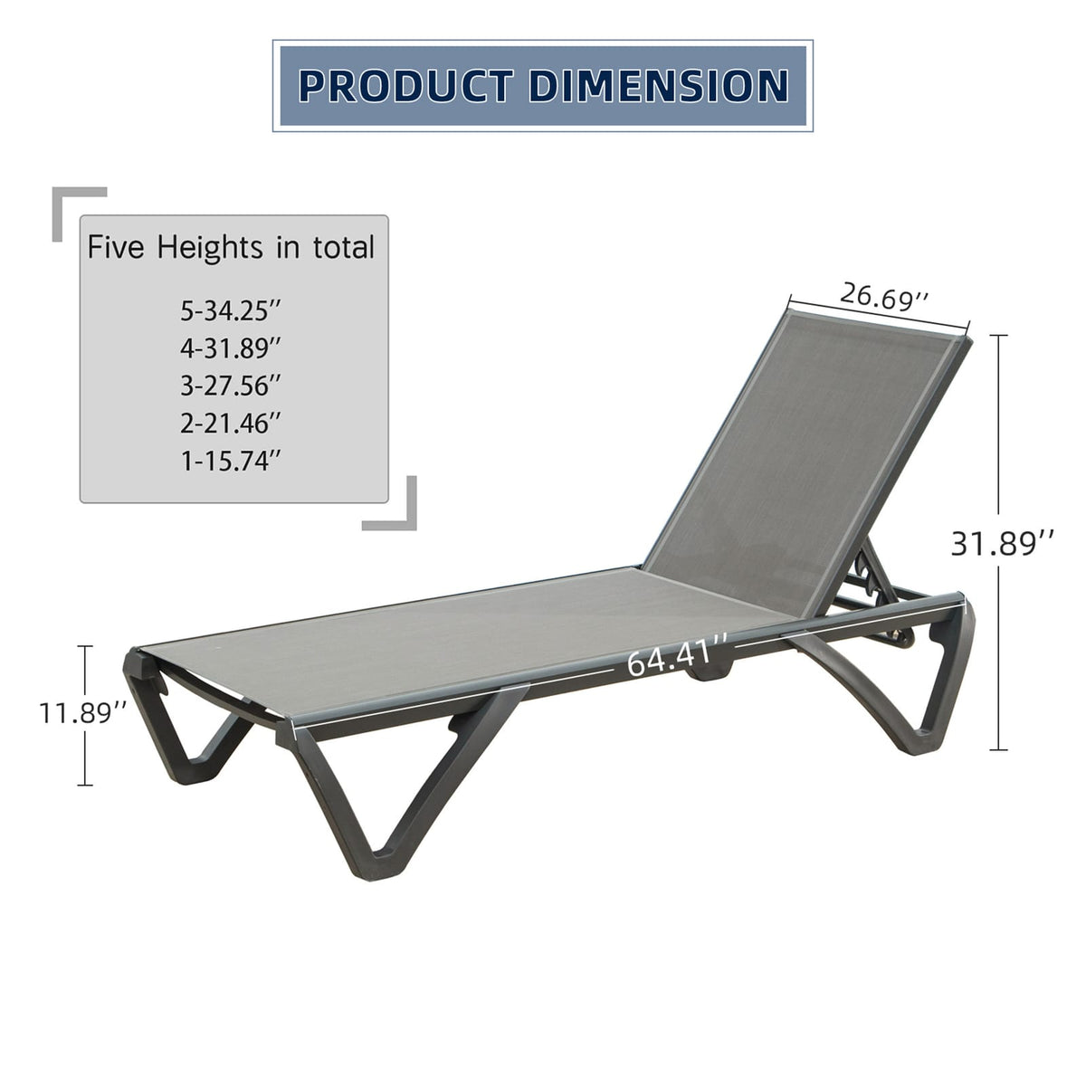 Gray Aluminum Patio Chaise Lounge - Outdoor Sun Lounger