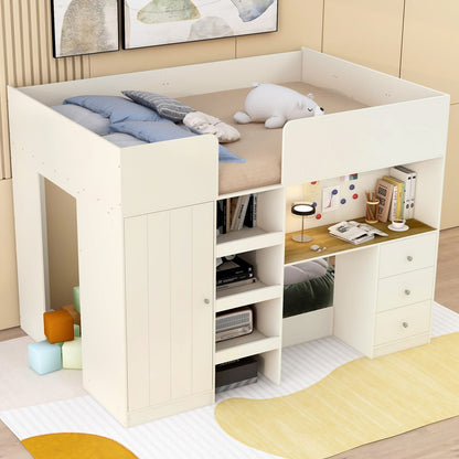 Full Size Bed Frame with Wardrobe & Desk - Beige Wood for Bedroom
