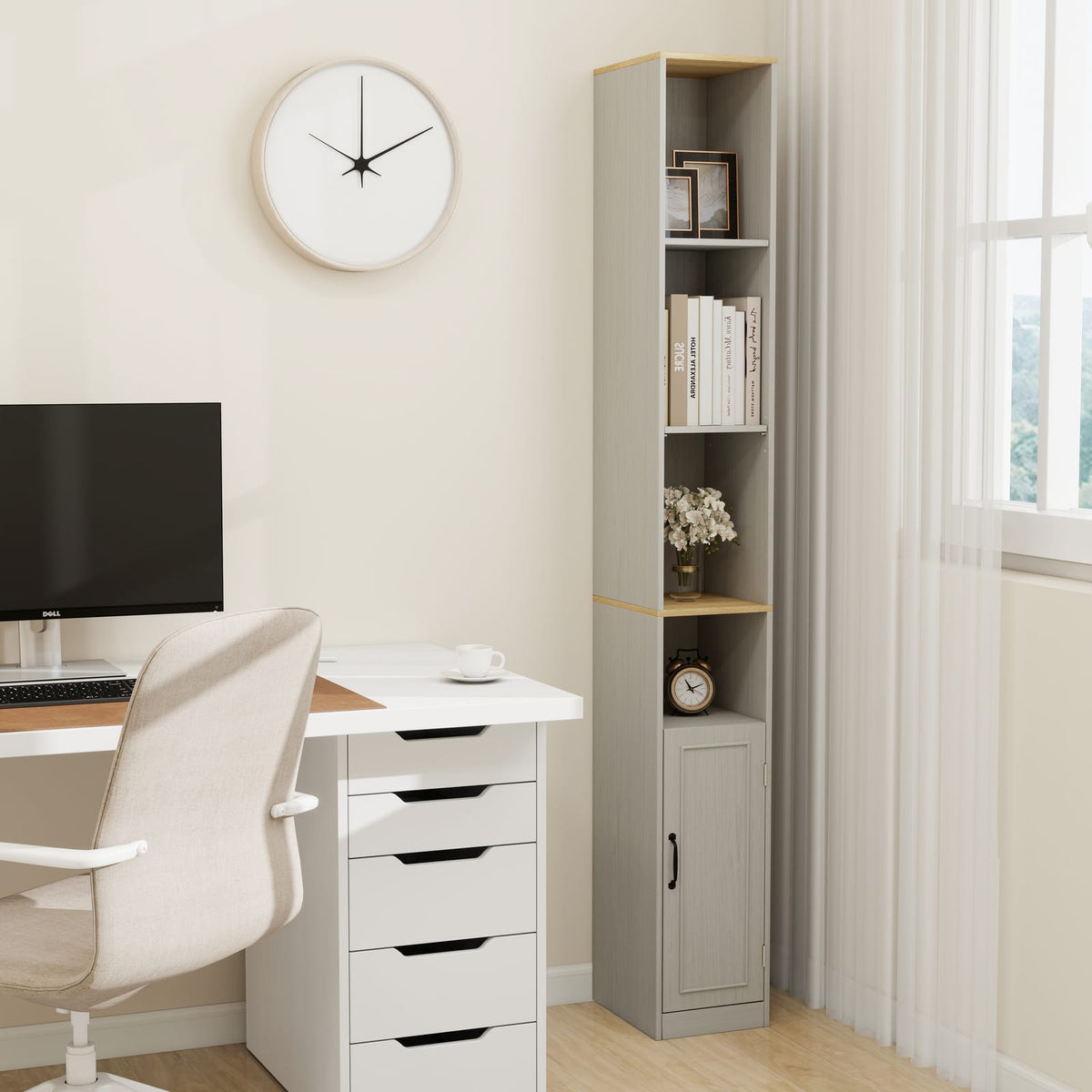 Tall Slim Storage Cabinet in Ancient White MDF for Living Room or Study
