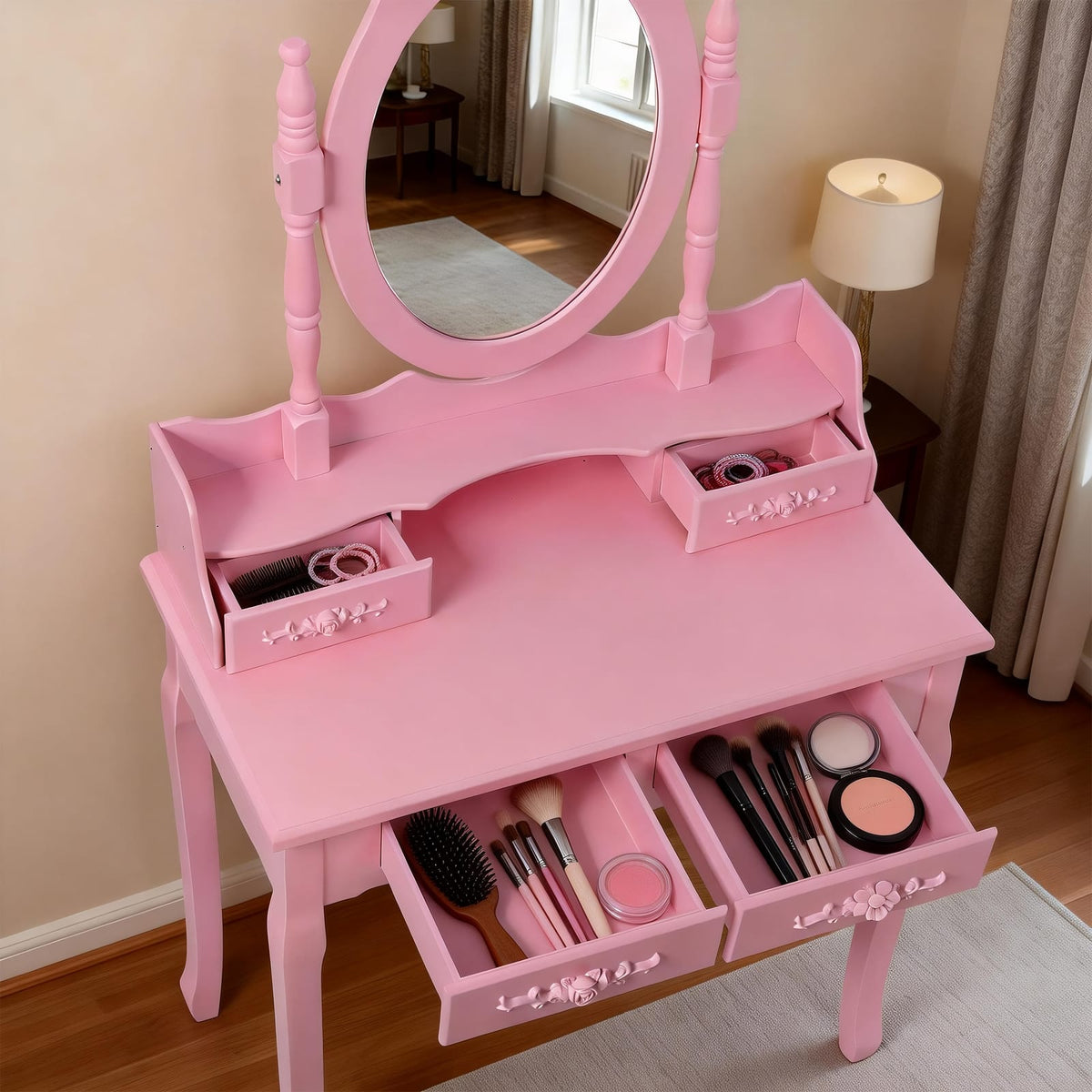 Pink Princess Vanity Desk Set - 4 Drawers, Mirror & Stool