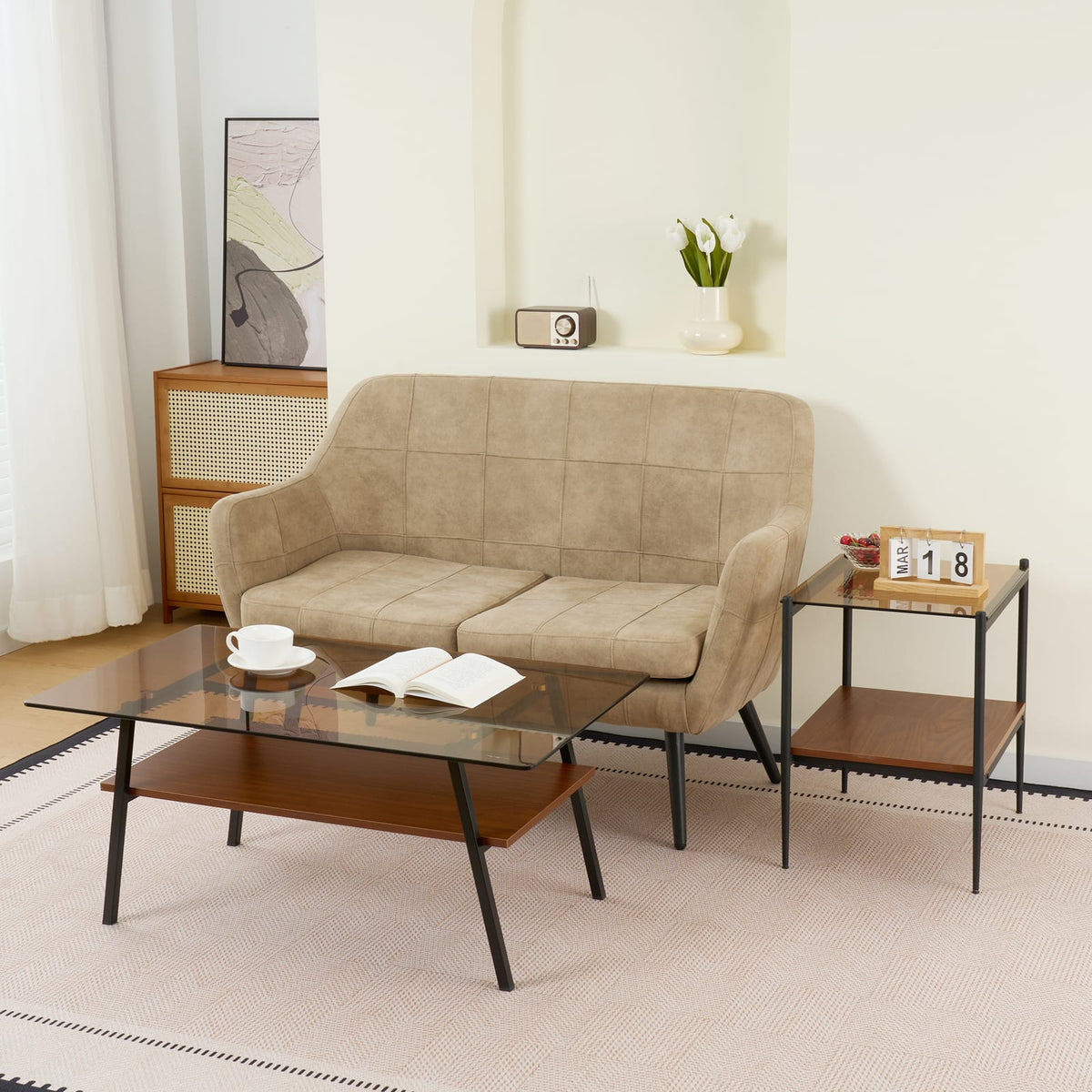Brown Tempered Glass Coffee Table Set - 3 Piece Living Room Table