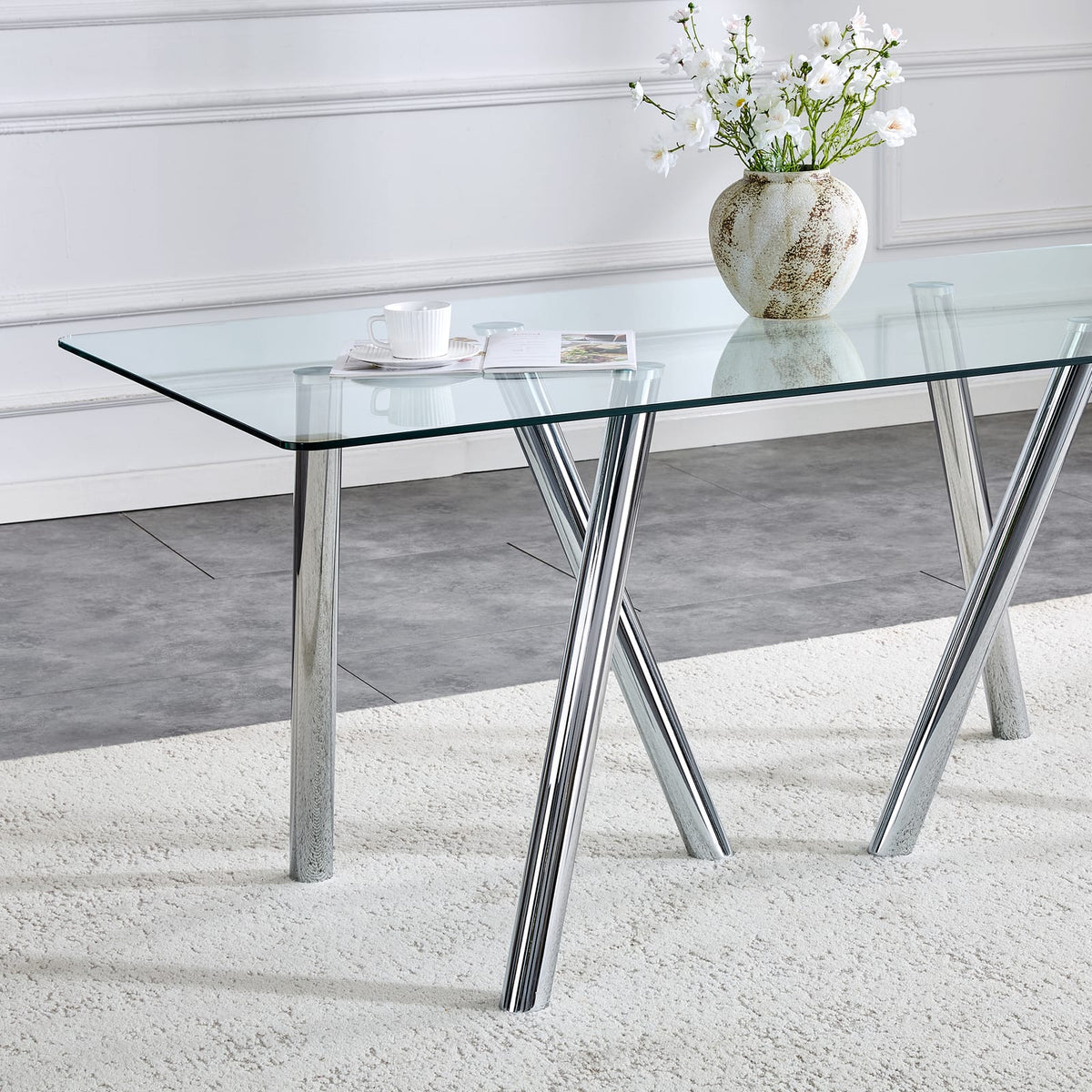 71 Inch Tempered Glass Dining Table - White Metal Legs