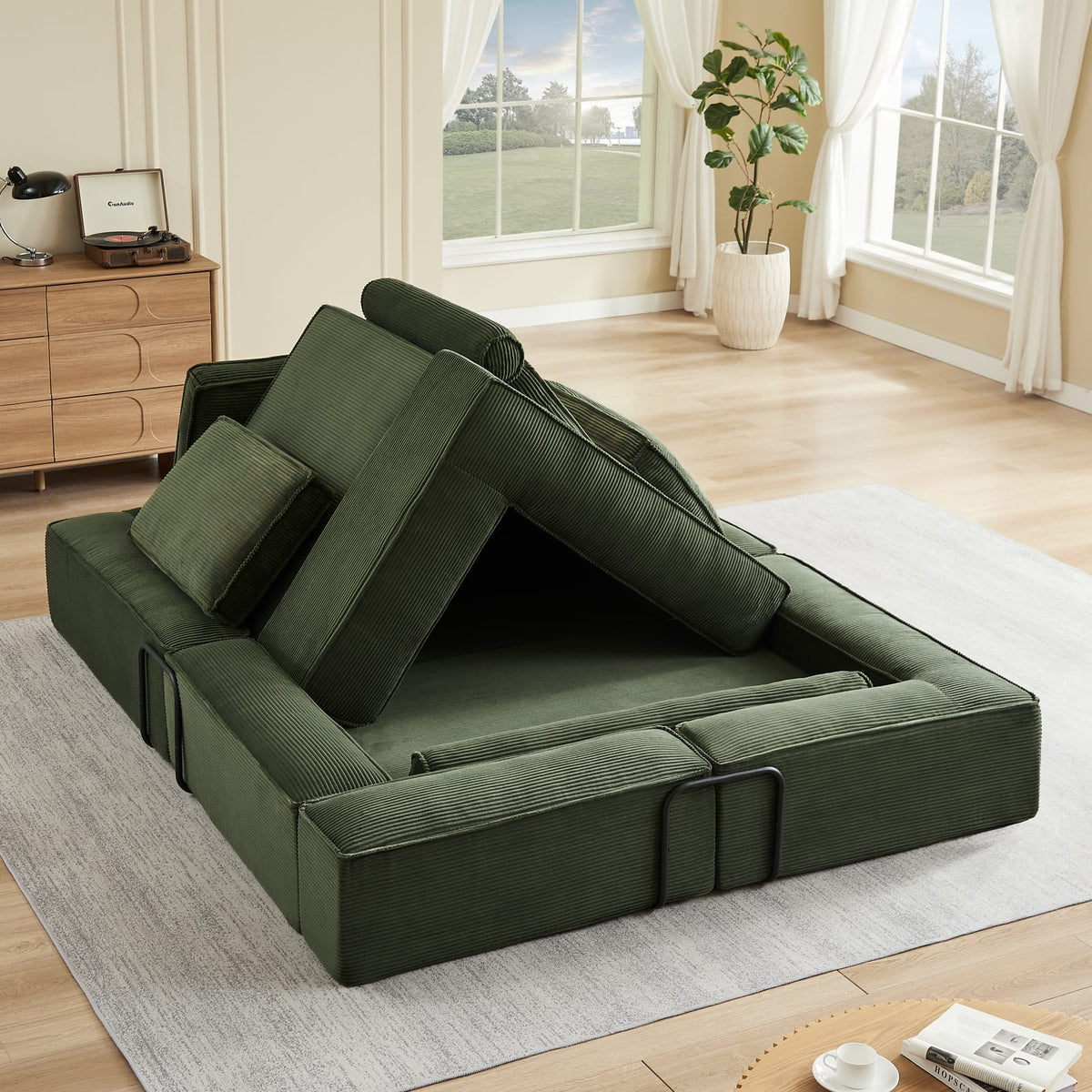 Army Green Foam Sectional Sofa for Family Living Room
