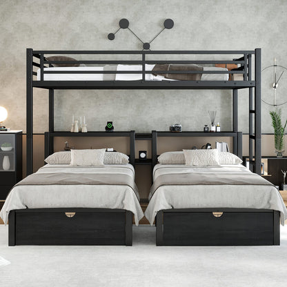 Triple Bunk Bed with Drawers - Black Metal Frame for Bedroom