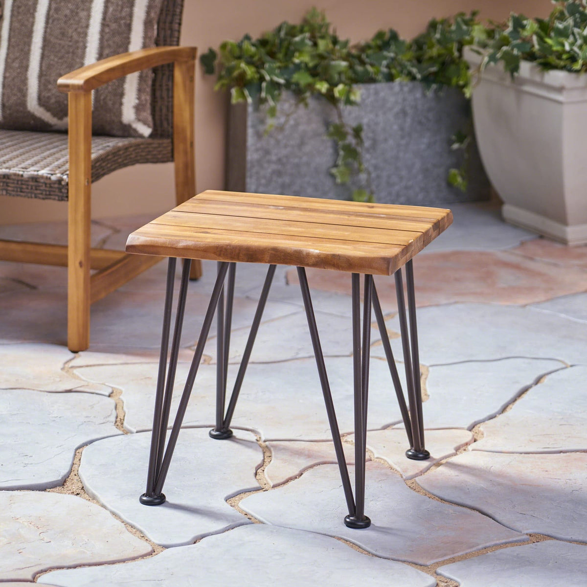 Rustic Industrial Wood and Metal Accent Table for Patio