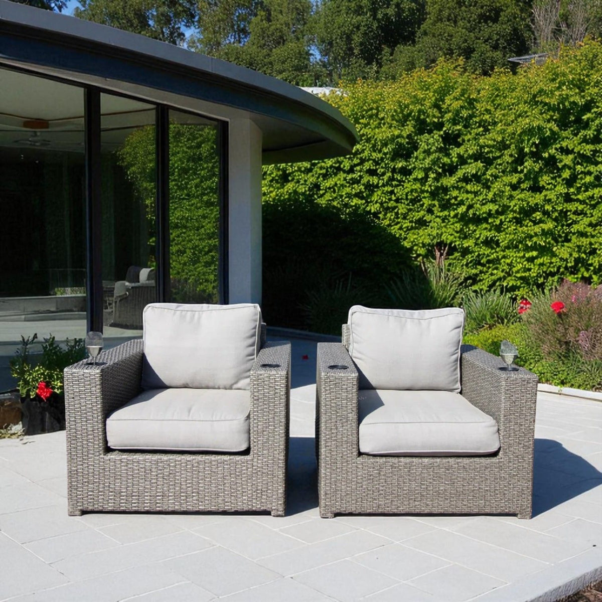 Grey Wicker Patio Lounge Chairs with Cushions - 2 Piece Set