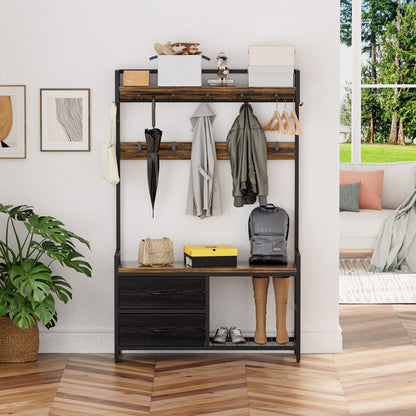 Rustic Brown Hall Tree Bench - 5-in-1 Entryway Storage