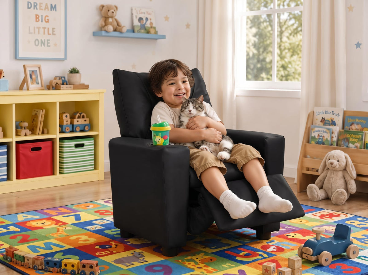 Black Kids Recliner Chair - PU Leather, 13" Seat