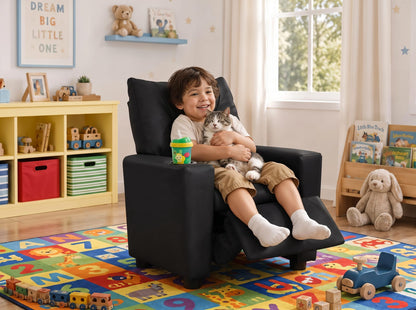 Black Kids Recliner Chair - PU Leather, 13" Seat