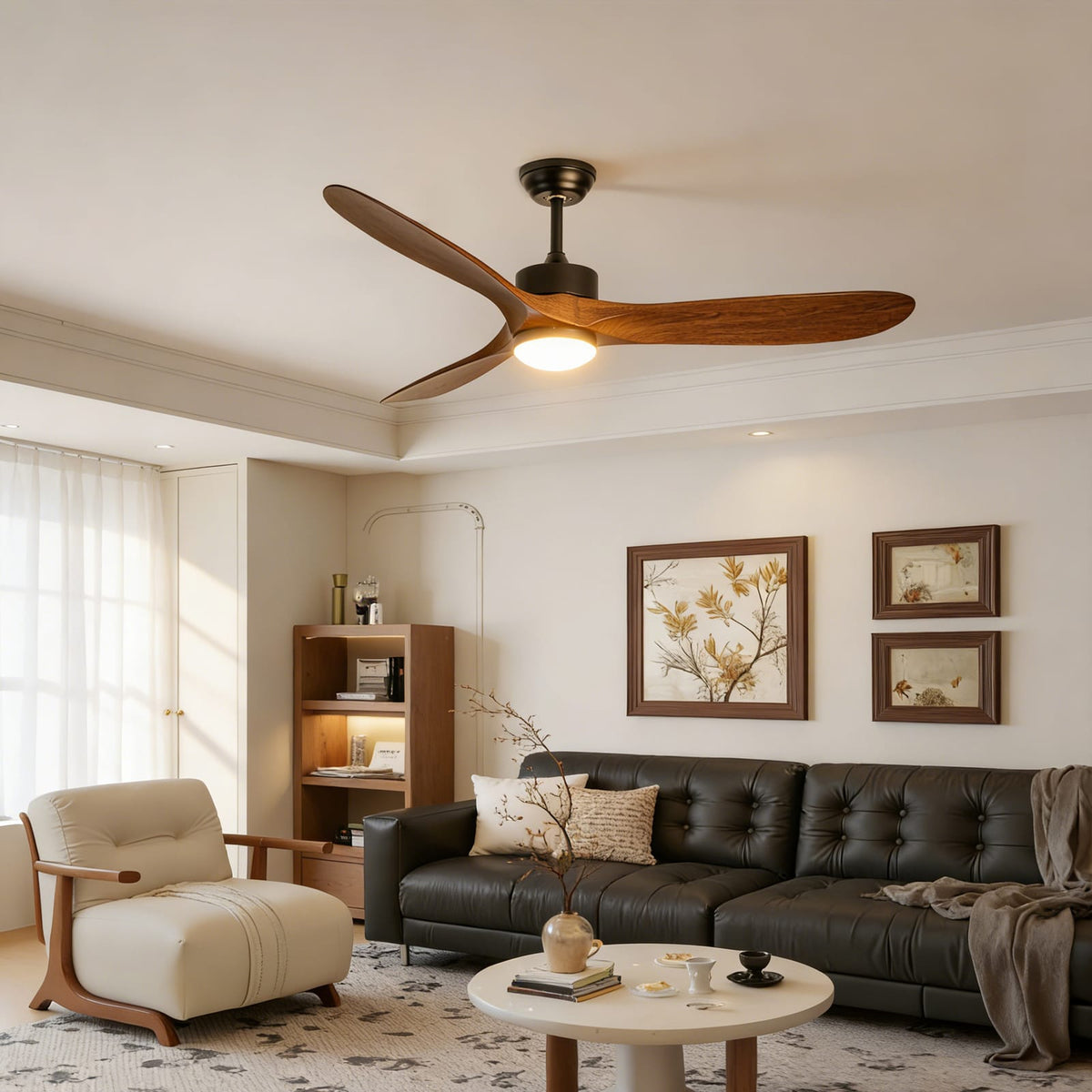 60 Inch Matte Black Ceiling Fan with Wood Blades - DC Motor, Remote Control