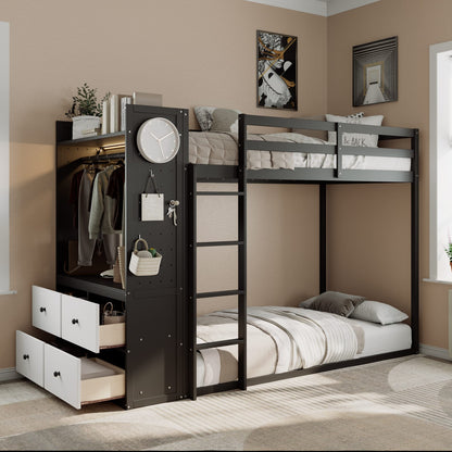 Twin Size Bunk Bed with Wardrobe & Storage - Black Wood Frame for Bedroom