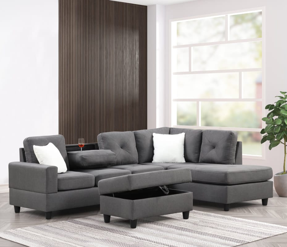 102" Charcoal Linen Sectional Sofa - 5 Seat L-Shape