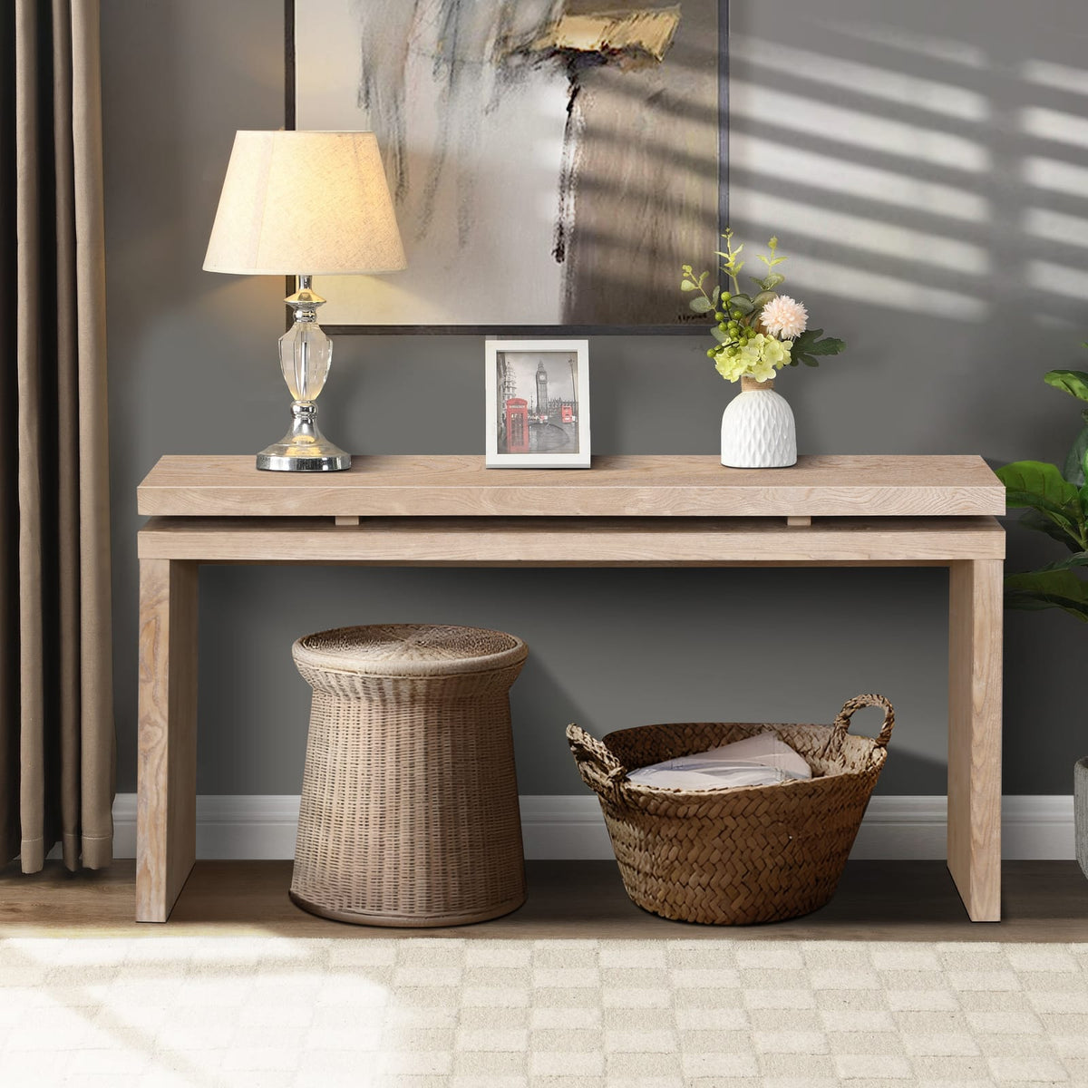 60" Antique Natural Farmhouse Console Table - Retro Wooden Entryway Table with
