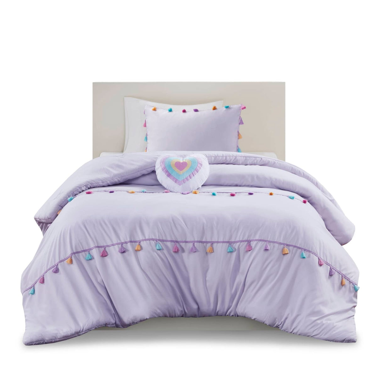 Twin Tassel Comforter Set with Heart Pillow - Multicolor
