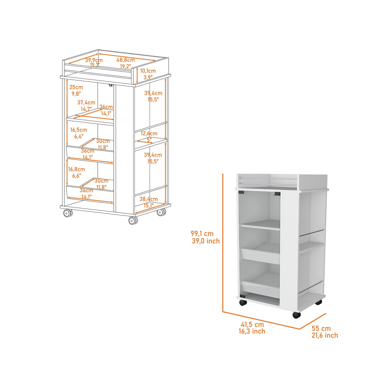 White Mobile Bar Cart - 3 Shelf Pine Cabinet