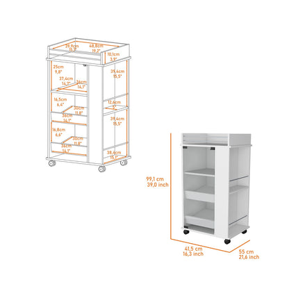 White Mobile Bar Cart - 3 Shelf Pine Cabinet