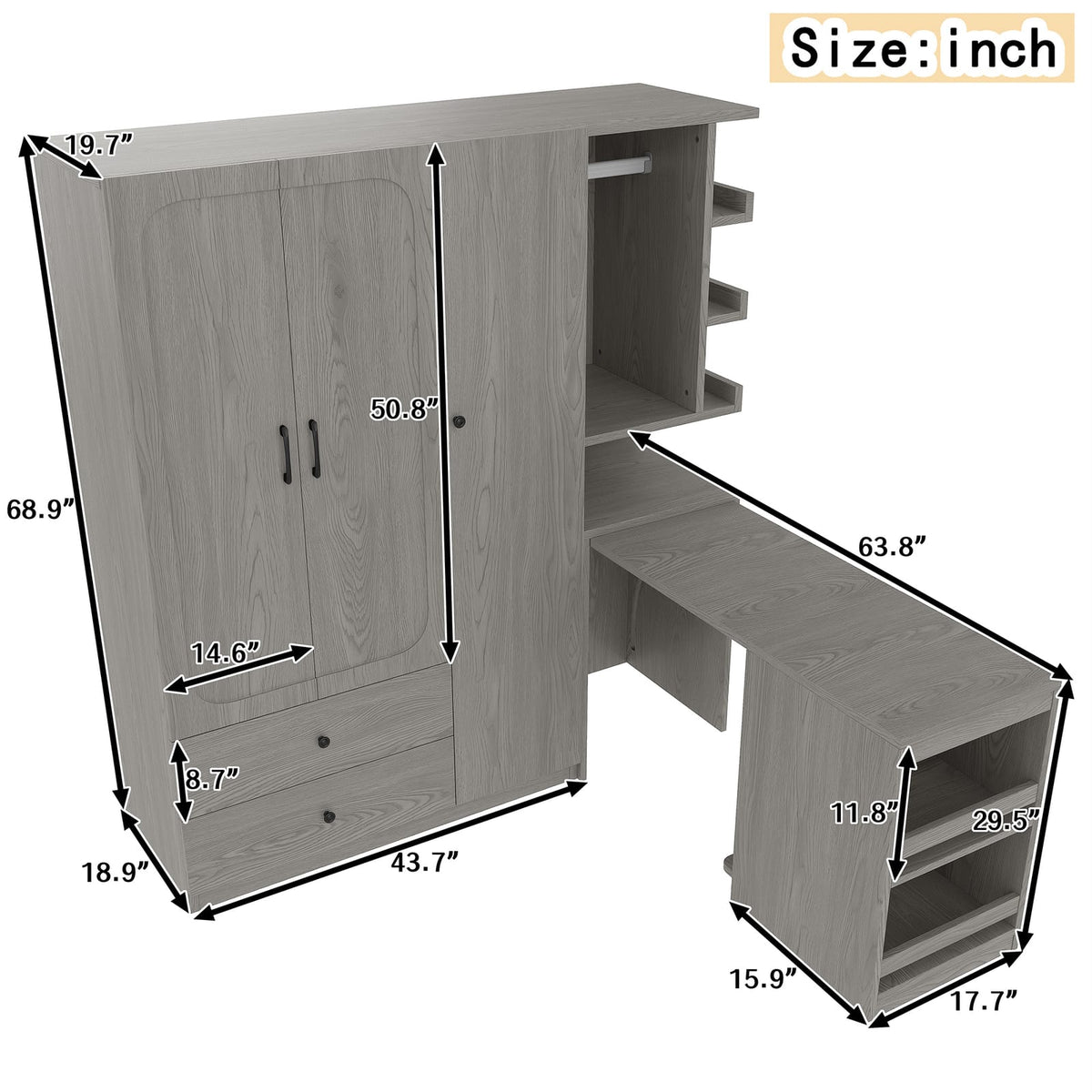 Gray Convertible Wardrobe with Foldable Desk - Bedroom Storage