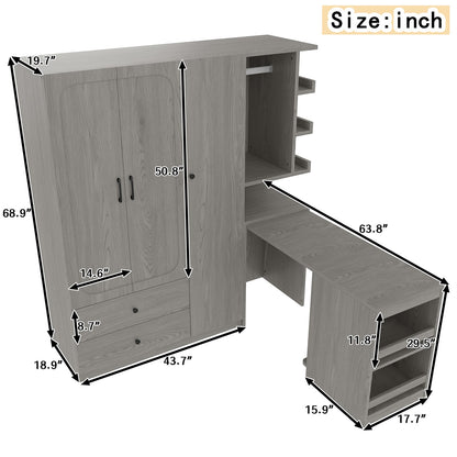 Gray Convertible Wardrobe with Foldable Desk - Bedroom Storage