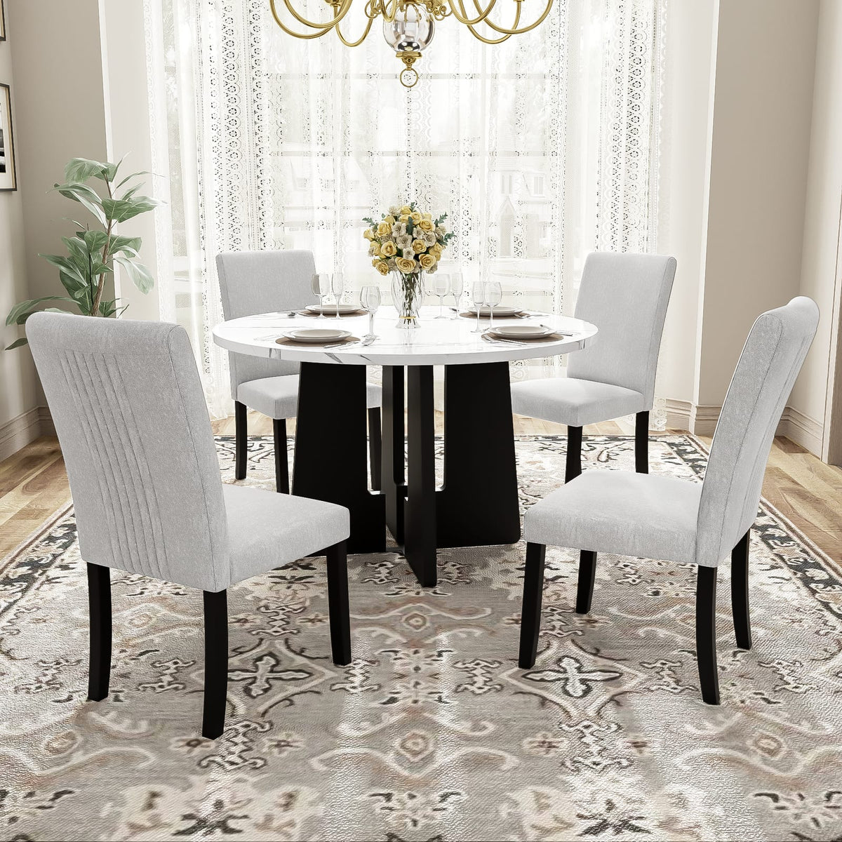 Round Dining Table, 43-Inch MDF, White/Black Modern Farmhouse Style