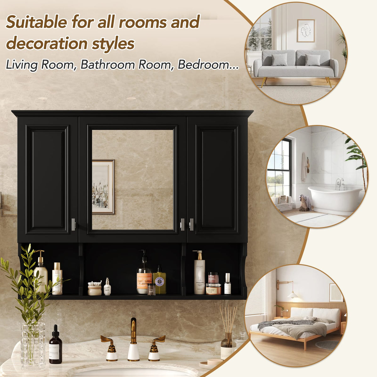 35'' Wall Mounted Bathroom Medicine Cabinet with Mirror - Black MDF