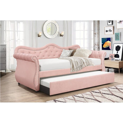 Pink Velvet Wood Daybed with Trundle for Modern Living Space