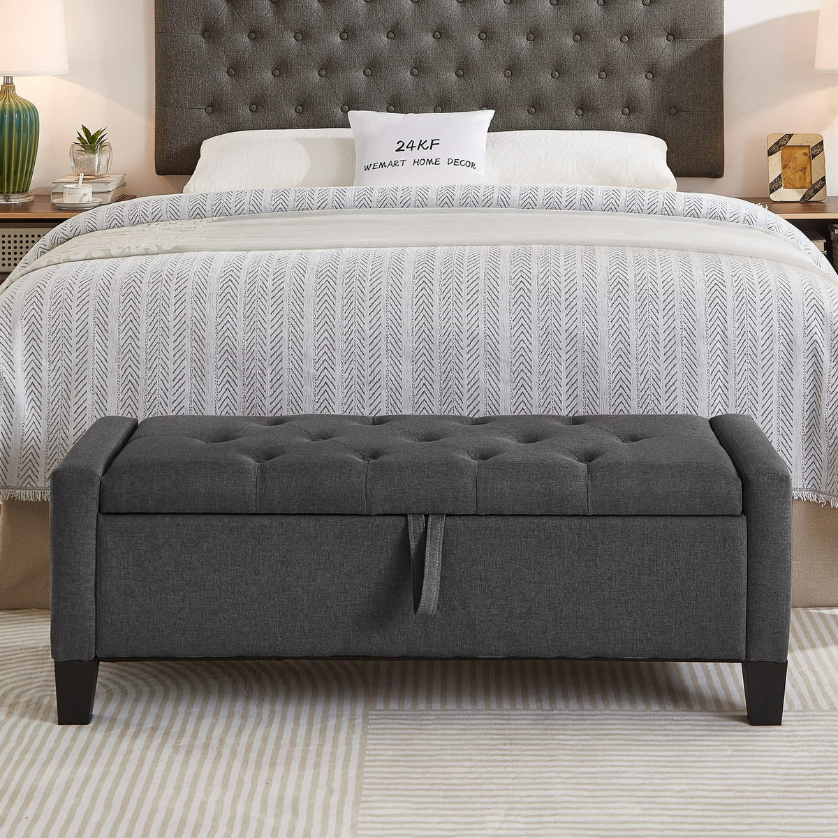Dark Gray Linen Storage Ottoman Bench - 45" Wide for Living Room
