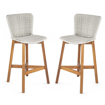 Lymington Outdoor Bar Stools - Teak & Light Grey Wicker, Set of 2