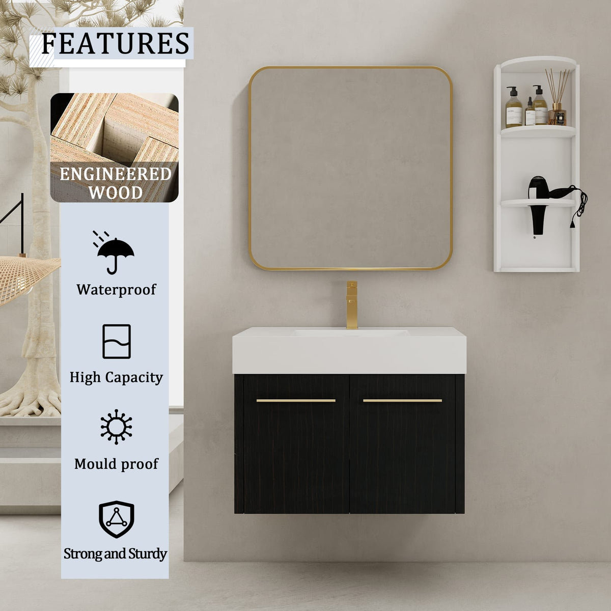 Black Chestnut Bathroom Vanity - 30 Inch Wall Mount Sink