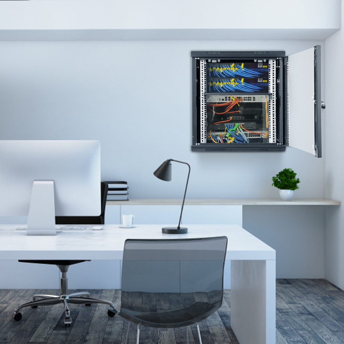 9U Wall Mount Server Cabinet - Black Glass, 15.5" Deep
