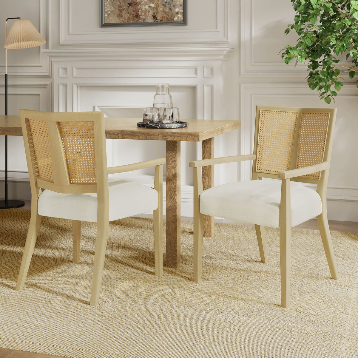 ARM Dining Chairs Set of 2 - Beige & Light Ash Wood Fabric
