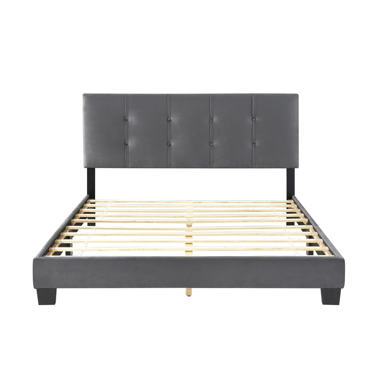 Queen Platform Bed Dark Gray Velvet - Adjustable Height Headboard