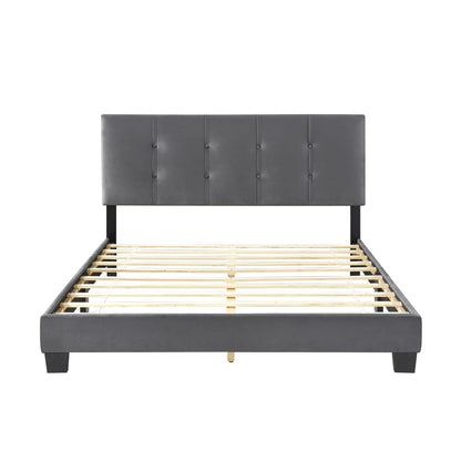 Queen Platform Bed Dark Gray Velvet - Adjustable Height Headboard