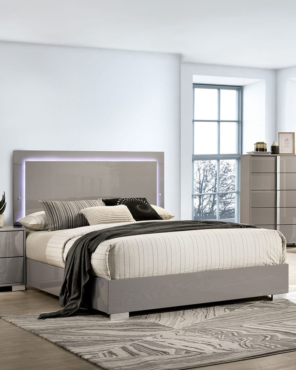 King Size Taupe Wood Bed Frame with LED Headboard for Bedroom