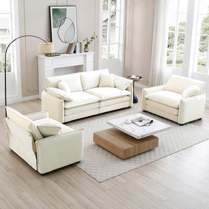 4 Seat Corduroy Sofa Beige - Retro Style Sofa Set for Living Room