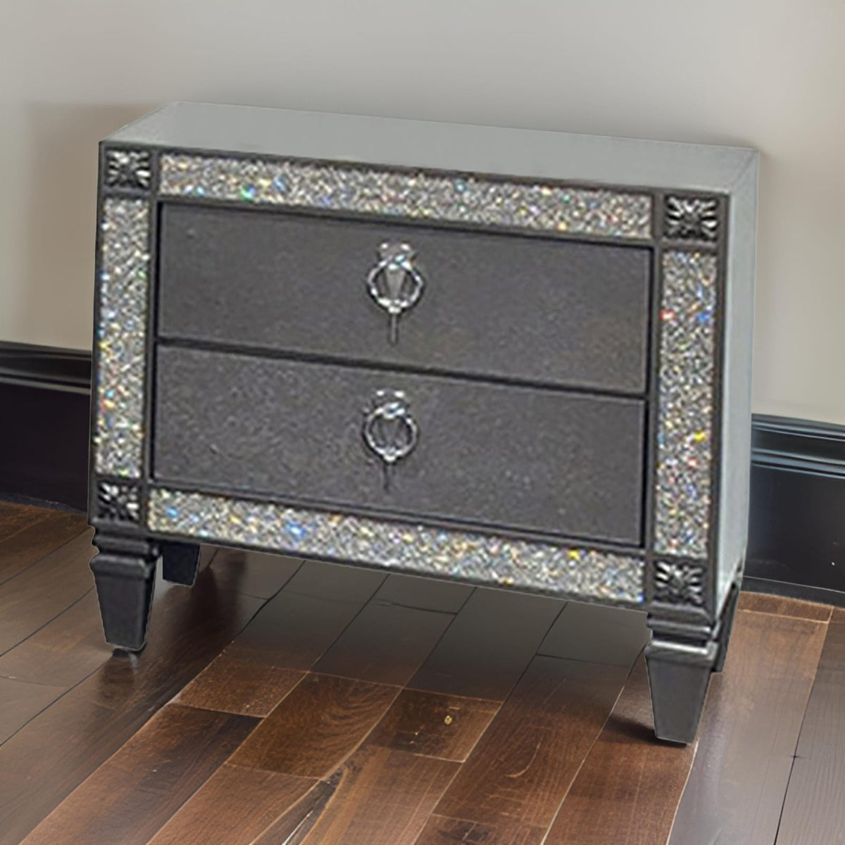 Gray Wood Metal Nightstand with 2 Drawers