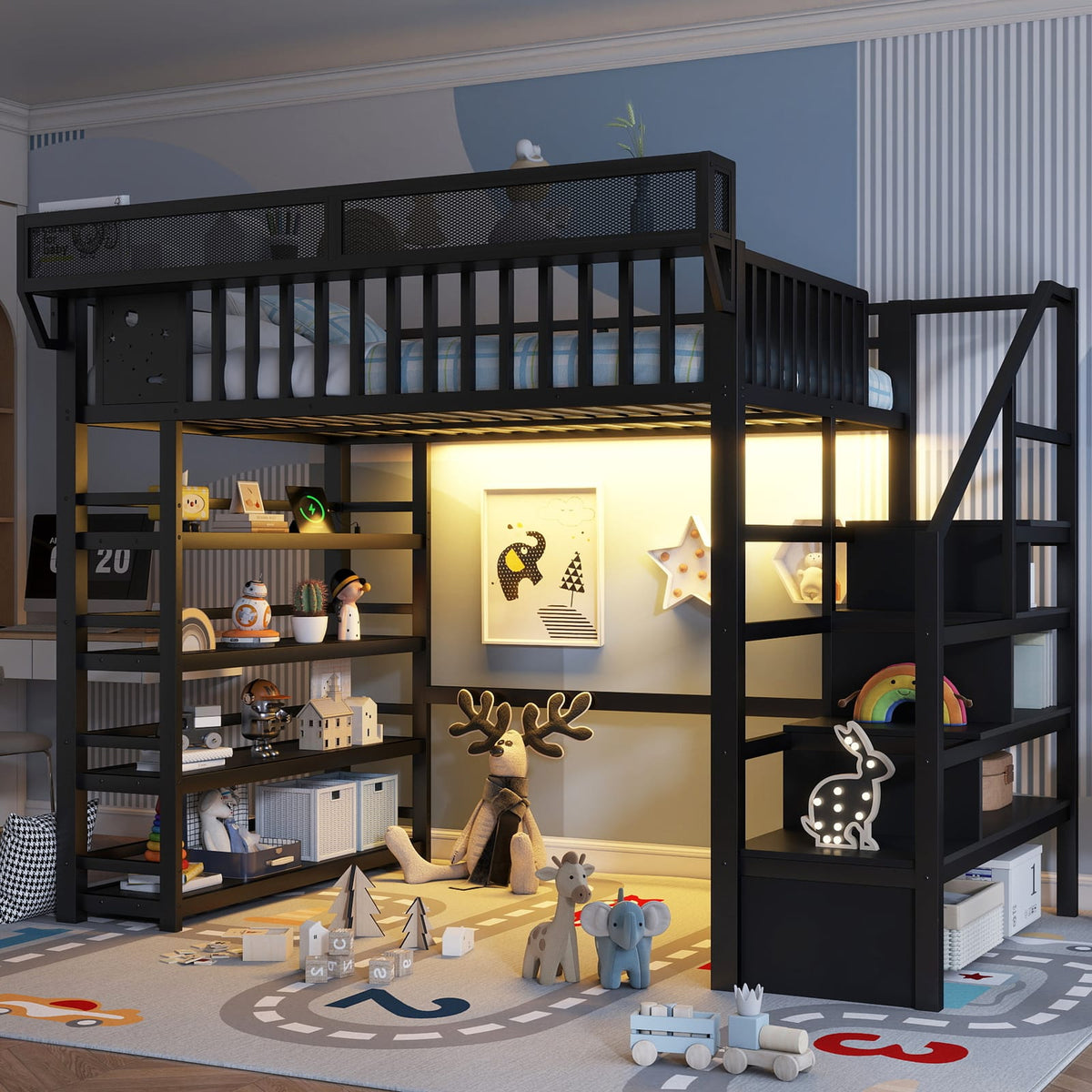 Full Metal Loft Bed with Storage - Black | 4 Shelf & Charging