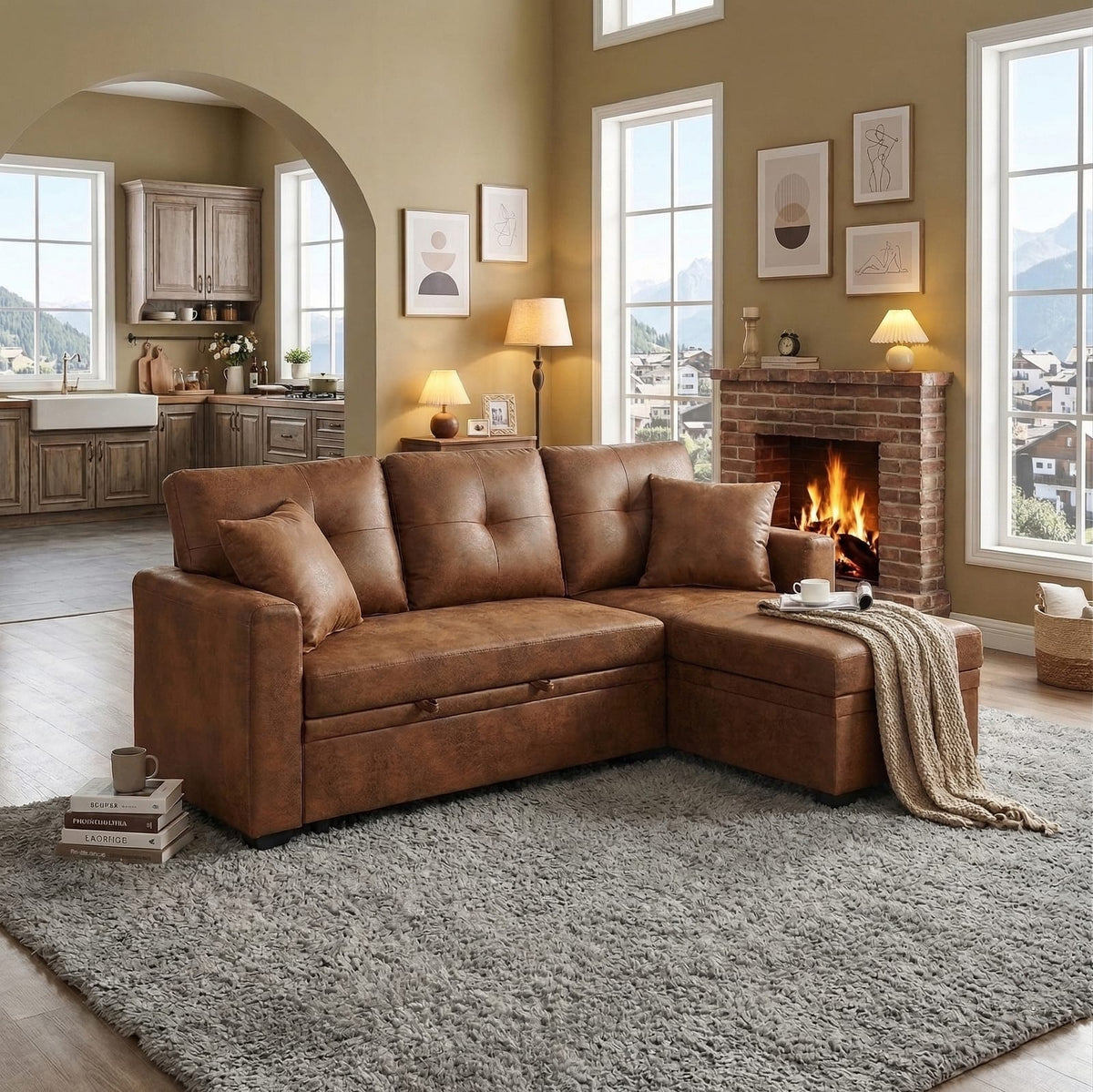 Light Brown Sectional Sofa Bed - Pull Out Sleeper for Living Room