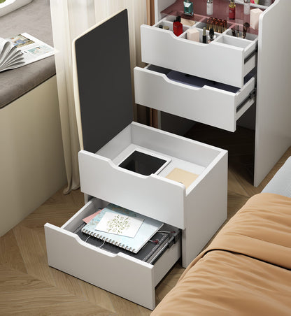 Modern White MDF+Glass Vanity Desk with Mirror and Storage for Bedroom