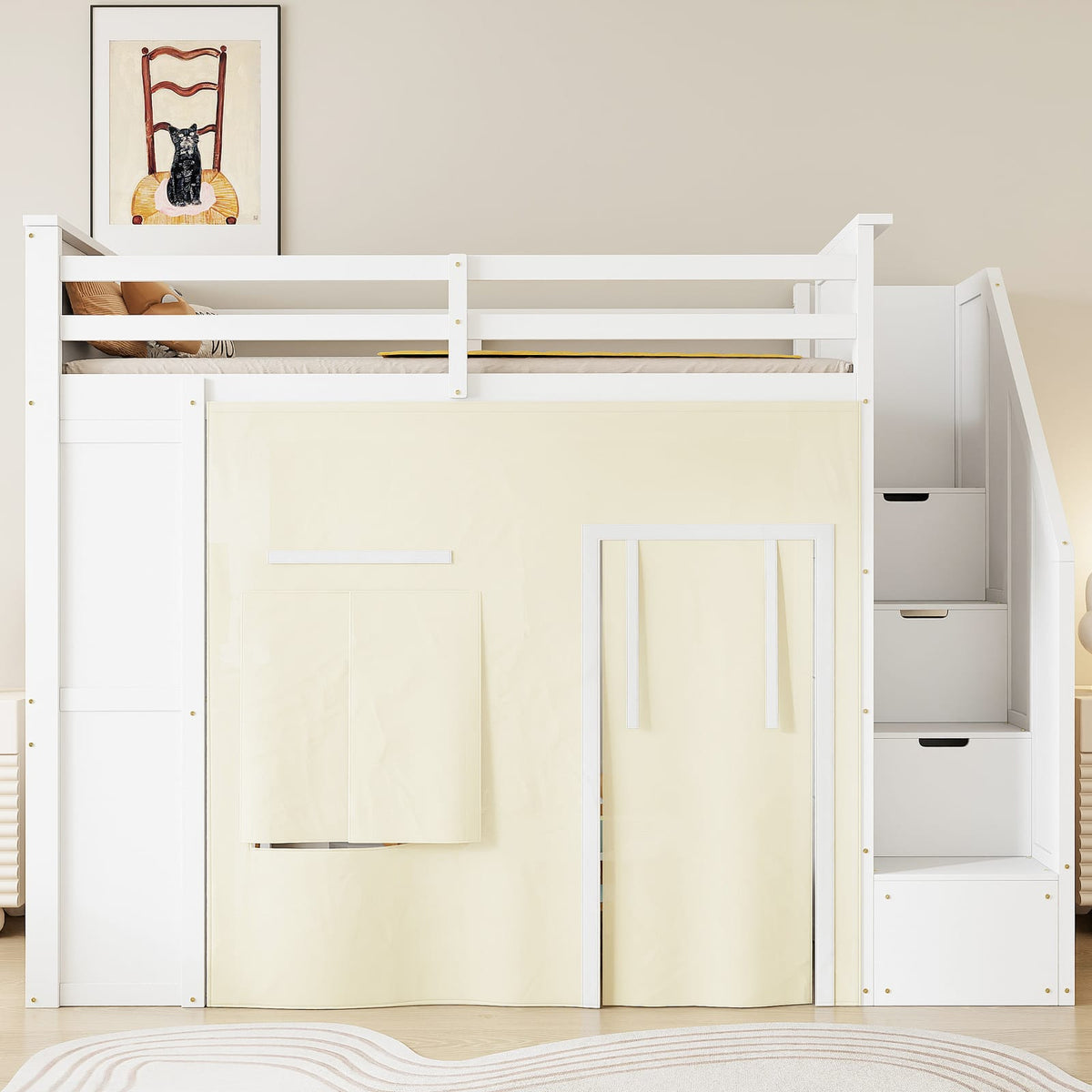 Twin Size Loft Bed with Desk - White MDF, Pine