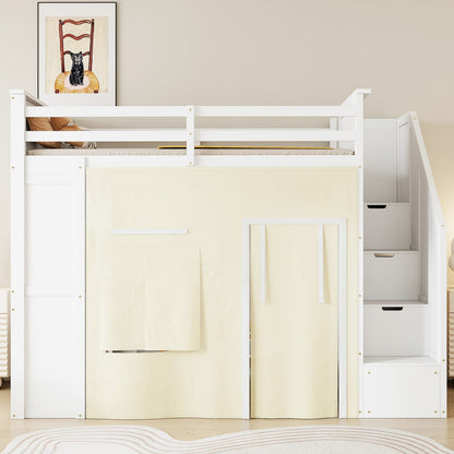 Twin Size Loft Bed with Desk - White MDF, Pine