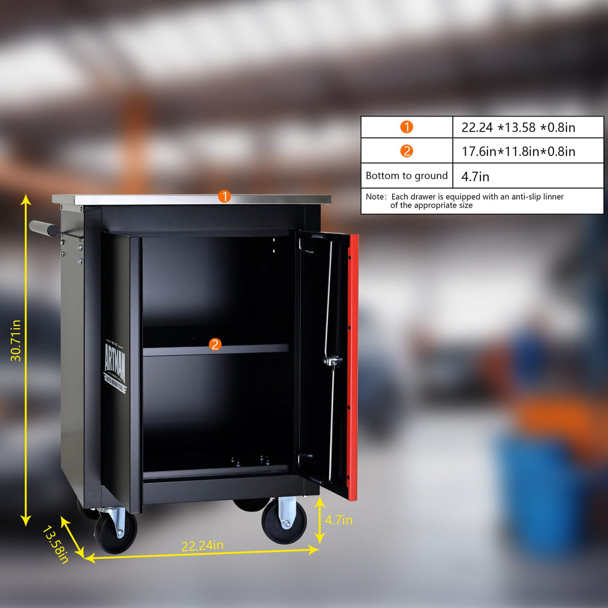 Black Red Steel Tool Cabinet Trolley - 4 Wheel Assembly Cart