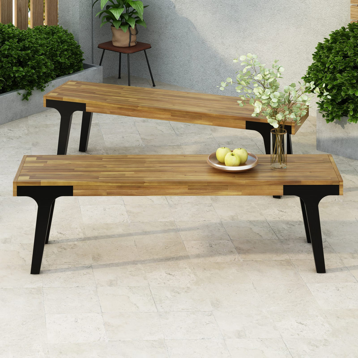 Teak Wood Bench Set of 2 - Patio Dining Seating