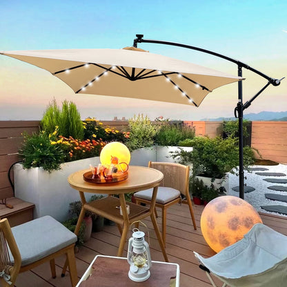 Large Tan Steel Patio Umbrella with Solar LED Lights