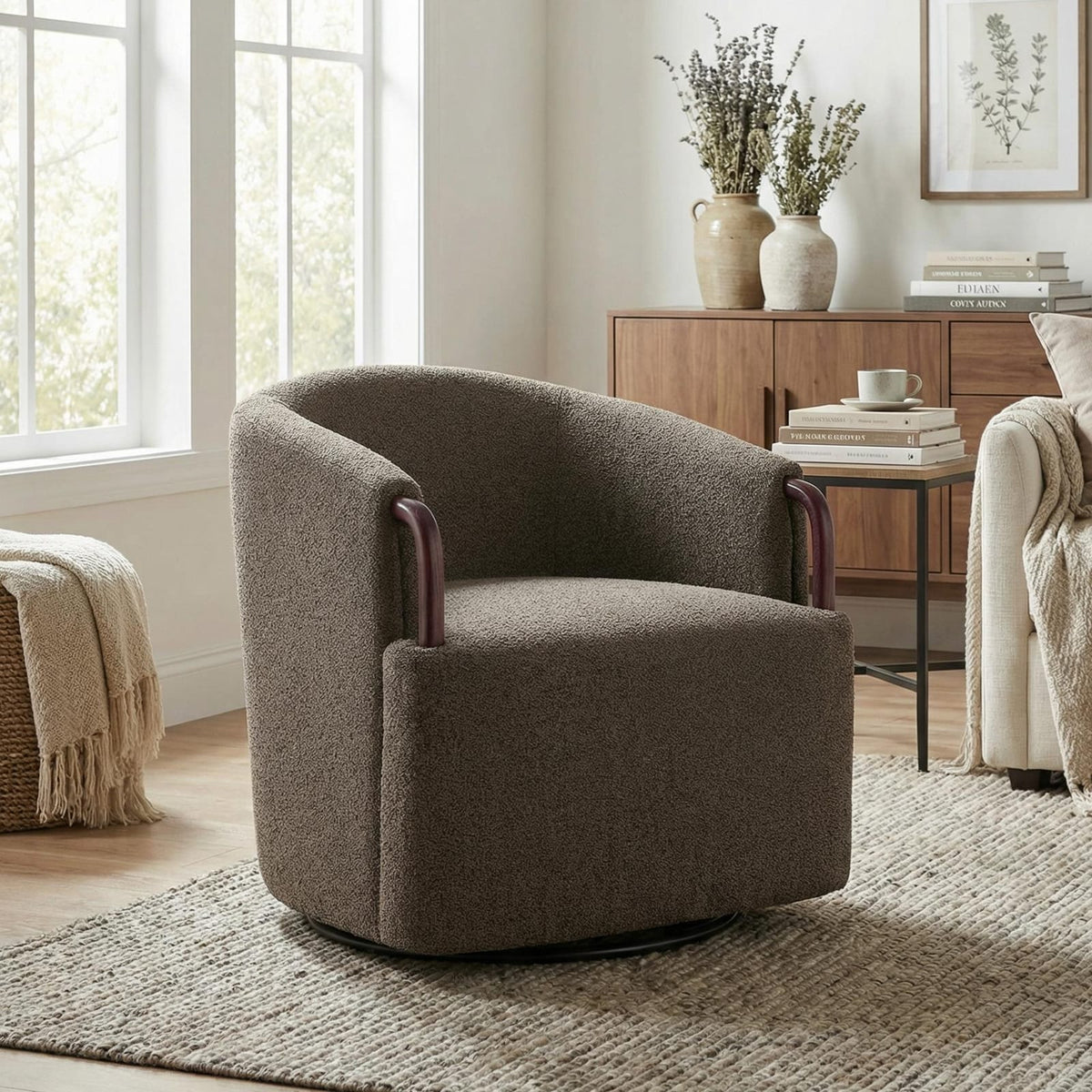30" Modern Boucle Swivel Barrel Chair - Brown Multi, Solid Wood Accents