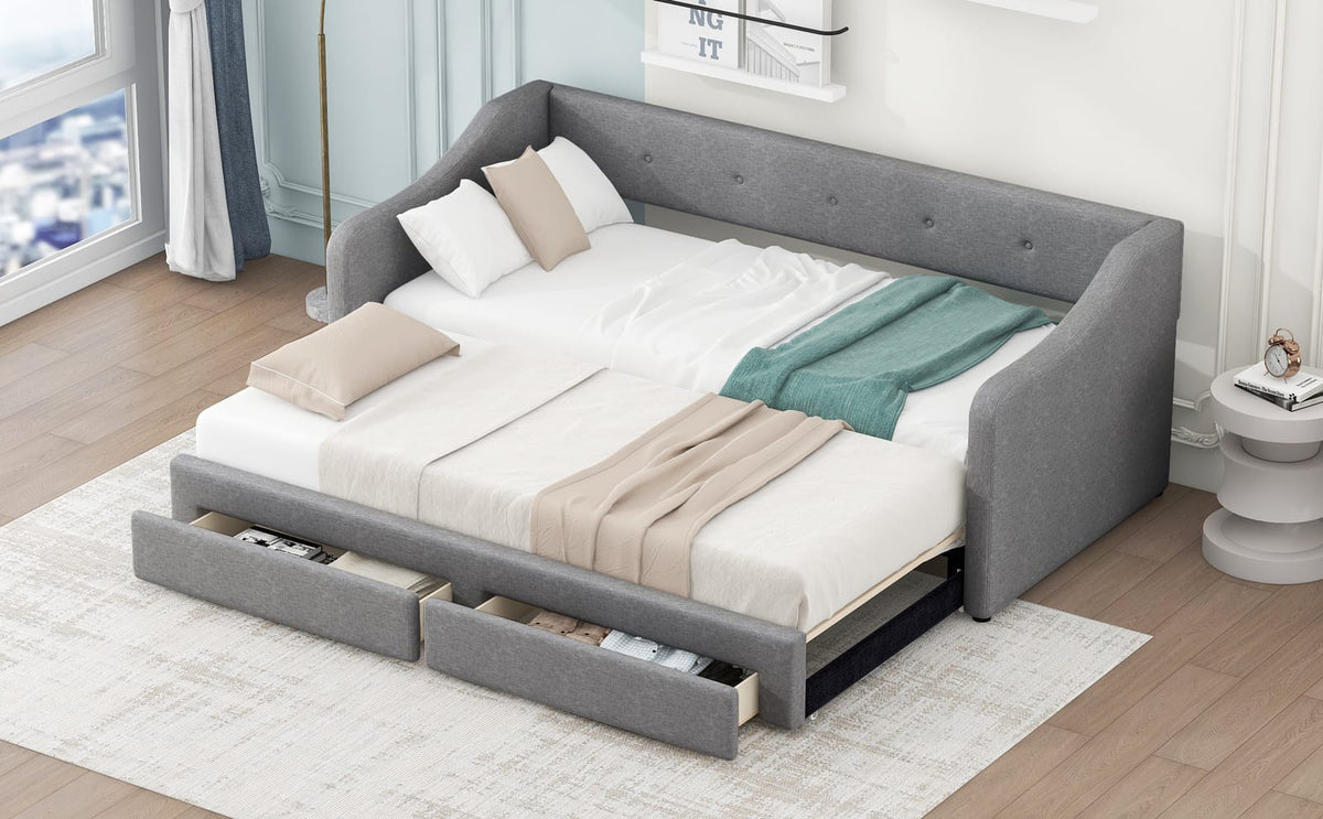 Twin XL to King Size Upholstered Daybed with Two Drawers, Gray