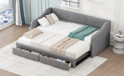Twin XL to King Size Upholstered Daybed with Two Drawers, Gray