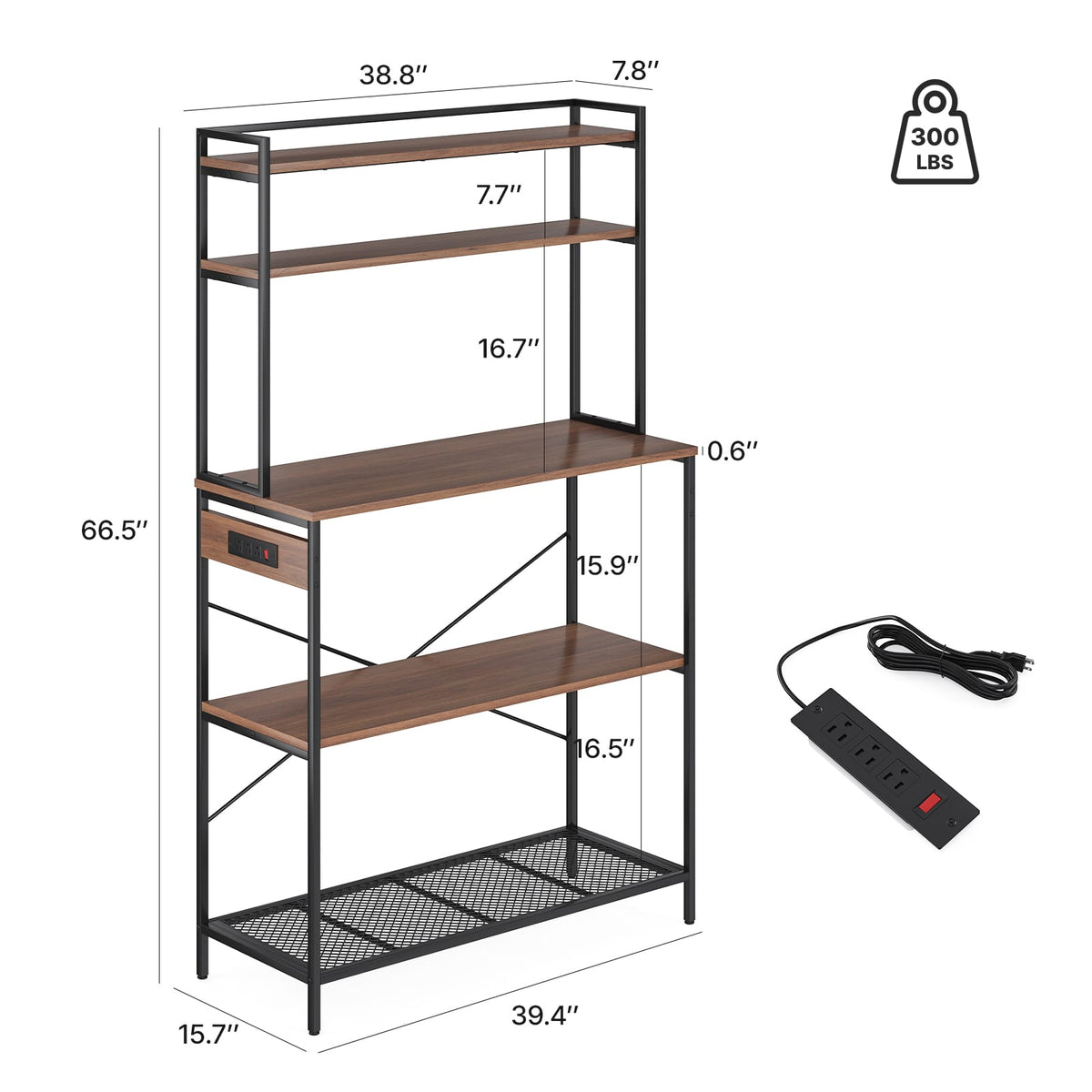 Large 5-Tier Bakers Rack with Electrical Outlets - Walnut Kitchen Storage Shelf